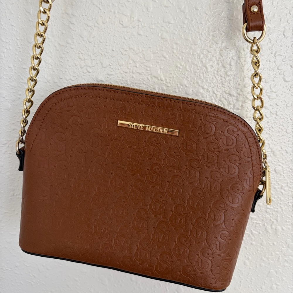 Steve Madden Tan Stamped Crossbody Bag with Gold Accents